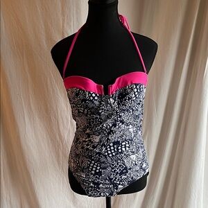 Lilly Pulitzer Navy Blue Fish One Piece Swimsuit Size Medium halter neckline